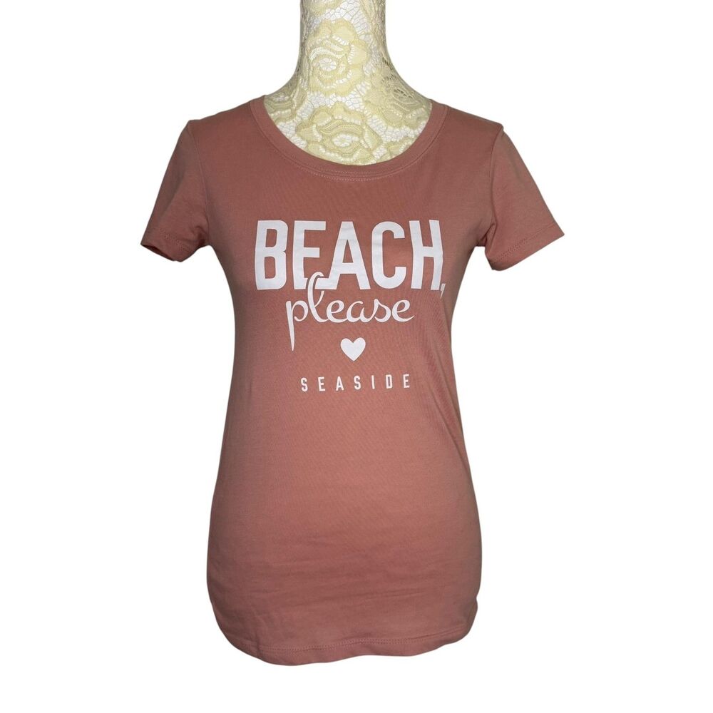 Graphic T Shirt Fitted Tee Knit Top Beach Please Seaside Women Pink White XS?